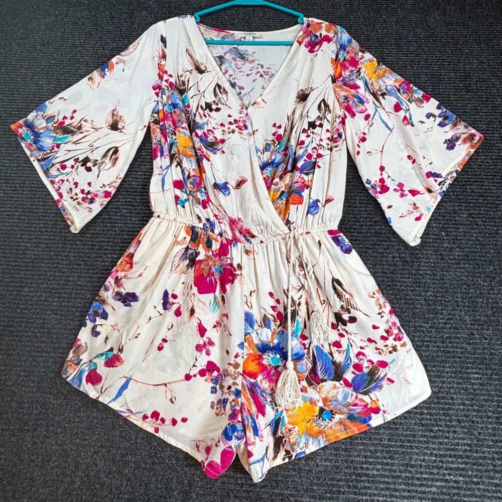 Umgee USA Floral Surplice Romper Womens Small Cream Multi Color Tassel G0041